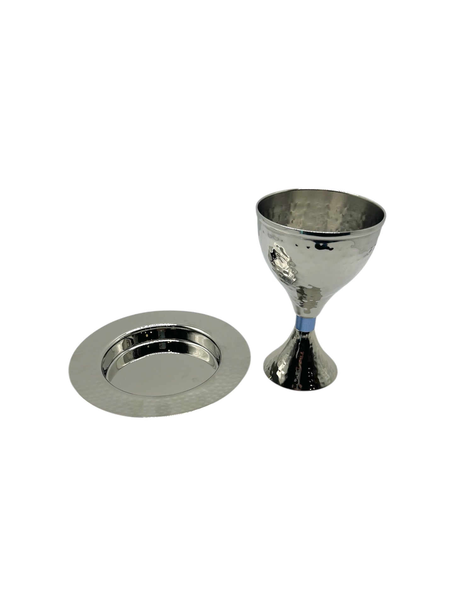 Verre de Kiddoush - à Pied Argenté et à Bande Bleu