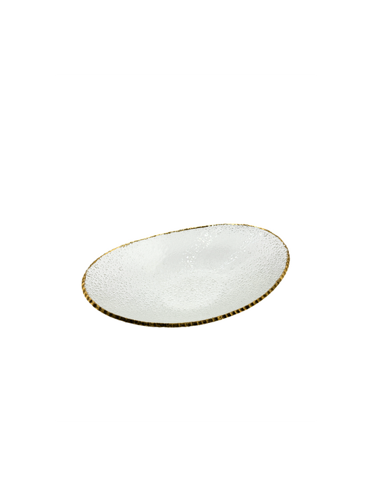 Grand Plat Ovale en Verre Martelé & Finition Dorée